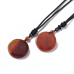 Red Agate Natural Red Agate Flat Round with Flower of Life Pendant Necklace with Nylon Cord for Women, 25.59~27.95 inch(65~71cm)