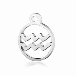 Aquarius 201 Stainless Steel Charms, Flat Round with Constellation, Stainless Steel Color, Aquarius, 13.4x10.8x1mm, Hole: 1.5mm