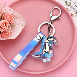 Light Blue Platinum Tone Plated Alloy Keychains, Iridescent Keychain, with PU Leather Straps and Acrylic Pendant, Dinosaur, Light Blue, 16cm