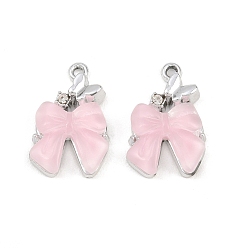 Pink Alloy & Resin & Rhinestone Pendants, Bowknot & Butterfly Charms, Platinum, Pink, 19.5x13x4.5mm, Hole: 1.5mm