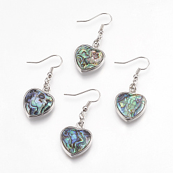 Colorful Natural Paua Shell  Dangle Earrings, with Platinum Tone Brass Findings, Heart, Colorful, 43.5mm, Pin: 0.7mm