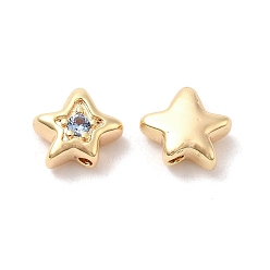 Light Sky Blue Brass Cubic Zirconia Beads, Star, Real 18K Gold Plated, Light Sky Blue, 7x8x4mm, Hole: 1mm