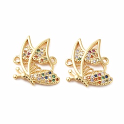 Real 18K Gold Plated Rack Plating Brass Colorful Cubic Zirconia Connector Charms, Long-Lasting Plated, Butterfly, Real 18K Gold Plated, 21x18x2mm, Hole: 1.5mm