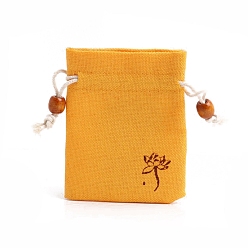 Gold Flower Print Linen Drawstring Gift Bags for Packaging Sachets, Rings, Earrings, Rectangle, Gold, 10x8cm