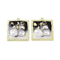 Black Rack Plating Alloy Enamel Pendants, with Resin, ABS Imitation Pearl Beads, Rhinestone and Glass Beads, Cadmium Free & Nickel Free & Lead Free, Square, Black, 33x30x6mm, Hole: 1.6mm