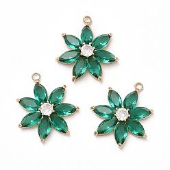 Green Rack Plating Brass with Glass Pendant, Real 14K Gold Plated, Cadmium Free & Lead Free, Faceted Flower, Green, 28x25x6mm, Hole: 2.5mm