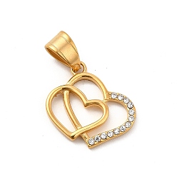 Golden 304 Stainless Steel Pendants, with Crystal Rhinestone, Bouble Heart Charms, Golden, 18x19.5x2.5mm, Hole: 7x5mm
