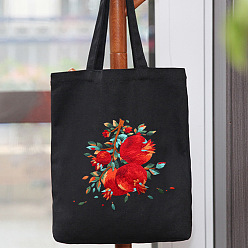 Crimson DIY Pomegranate Pattern Black Canvas Tote Bag Embroidery Kit, including Embroidery Needles & Thread, Cotton Fabric, Plastic Embroidery Hoop, Crimson, 390x340mm