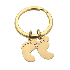Golden 304 Stainless Steel Pendant Keychain, Smooth Laser Cut Footprint Keychain, Golden, two footprint, 4.5cm