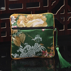 Green Square Chinese Style Cloth Tassel Bags, with Zipper, for Bracelet, Necklace, Green, 11.5x11.5cm