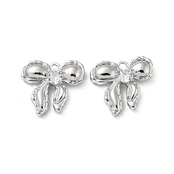 Real Platinum Plated Rack Plating Brass Pendants, with Glass, Bowknot Charms, Real Platinum Plated, 14x15x3mm, Hole: 1.4mm