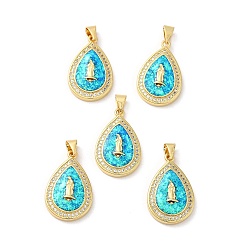 Real 18K Gold Plated Rack Plating Brass Micro Pave Cubic Zirconia with Synthetic Opal Pendants, with Jump Ring, Lead Free & Cadmium Free, Long-Lasting Plated, Teardrop with Saint, Real 18K Gold Plated, 23.5x14.5x3.8mm, Hole: 5x3.6mm