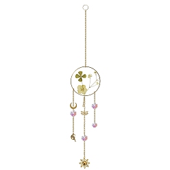 Clover Glass Pendant Decorations, with Metal Finding and Dried Flower, Garden Window Hanging Suncatchers, Sun, Clover, 440mm