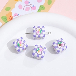Lilas Perles acryliques imprimés opaques, cube avec motif fleur & tartan, lilas, 14x14mm
