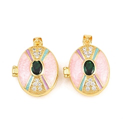 Pink Подвески латуни медальон, с эмалью, стеклом и кубическим цирконием, без кадмия и без свинца, реальный 18 k позолоченный, стойки покрытие, долговечный, овальные амулеты, розовые, 26.5x21x9 мм, отверстие : 3x5 мм