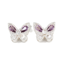Фиолетовый Многорядные звенья-бабочки из латуни с микропаве из кубического циркония, 925 серебро покрытием, фиолетовые, 11x13x7 мм, отверстие : 1.6 мм