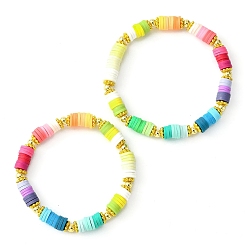 Colorful 2Pcs Polymer Clay Disc & Alloy Beaded Stretch Bracelets Set, Stackable Preppy Bracelets, Colorful, Inner Diameter: 2~2-3/8 inch(5~5.9cm)