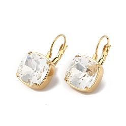 Clear Glass Rectangle Leverback Earrings, Real 14K Gold Plated 304 Stainless Steel Jewelry, Clear, 24x13.5x14mm, Pin: 0.8mm