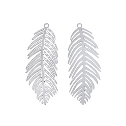 Stainless Steel Color 304 Stainless Steel Big Pendants, Etched Metal Embellishments, Leaf, Stainless Steel Color, 55.5x19x0.3mm, Hole: 2mm
