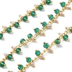 Teal Handmade Brass Link Chain, with Glass Beads and ABS Beads, Soldered, with Spool, Real 18K Gold Plated, Teal, 3x2x0.2mm and 7x3mm, about 16.40 Feet(5m)/Roll