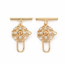 Real 18K Gold Plated Brass Micro Pave Clear Cubic Zirconia Peg Bails Toggle Clasps, for Half Drilled Bead, Nickel Free, Flower & Bar, Real 18K Gold Plated, Flower: 23x15x3mm, pin: 0.7mm, hole: 1.2mm and 7.5x3.5mm, Bar: 4x17x2mm, Jump Ring: 5x0.8mm, inner diameter: 3.4mm