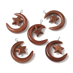 Камень с Пылевым Золотом Синтетические голдстоуновские подвески, луна со звездными чарами, с петлями из медной проволоки, платина, 36~37x27~28x7.5~8 мм, отверстие : 4 мм