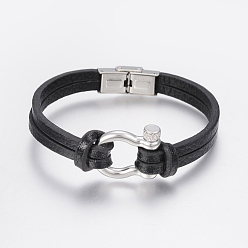 Black Men's Leather Cord Multi-strand Bracelets, with 304 Stainless Steel Toggle Clasps, Black, 8-5/8 inch(220mm), 
9~22x3~10mm