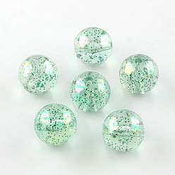 Vert Pâle Couleur ab ronde perles en acrylique transparent, avec de la poudre colorée de paillettes, vert pale, 10mm, Trou: 2mm, environ857 pcs / 500 g