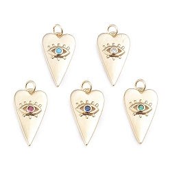 Mixed Color Brass Micro Pave Cubic Zirconia Pendants, with Jump Rings, Long-Lasting Plated, Heart with Evil Eye, Real 18K Gold Plated, Mixed Color, 24.5x13.5x3mm, Jump Ring: 5x0.8mm, 3.2mm Inner Diameter