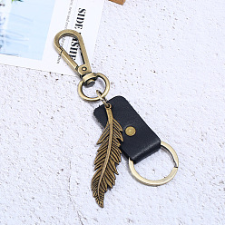Black Leather Keychain, with Antique Bronze Plated Alloy Twister Clasps and Iron Key Ring, Feather, Black, 14cm