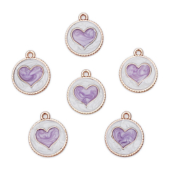 Medium Purple Alloy Enamel Pendants, Golden, Flat Round with Heart, Medium Purple, 18x16mm