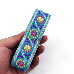 Deep Sky Blue 6.5M Ethnic Style Flat Embroidery Polyester Ribbons, Jacquard Ribbon, Garment Accessories, Flower Pattern, Deep Sky Blue, 1-1/4 inch(33mm), about 7.11 Yards(6.5m)/Bundle
