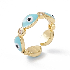 Light Sky Blue Enamel Evil Eye & Clear Cubic Zirconia Open Cuff Ring, Real 18K Gold Plated Brass Jewelry for Women, Lead Free & Cadmium Free, Light Sky Blue, US Size 6 1/4(16.7mm)