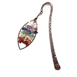 Mixed Stone Natural Gemstone Chip Beaded Leaf Pendant Bookmark, Red Copper Plated Alloy Hook Bookmark