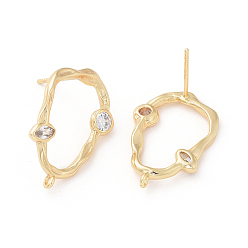 Real 18K Gold Plated Brass Micro Pave Clear Cubic Zirconia Stud Earring Findings, with Loop, Oval, Real 18K Gold Plated, 20.5x13.5x2mm, Hole: 1mm, Pin: 0.7mm