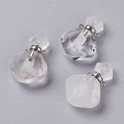 Quartz Crystal Rhombus Natural Quartz Crystal Perfume Bottle Pendants, Rock Crystal, Rock Crystal, with 304 Stainless Steel Findings, Faceted, Stainless Steel Color, 26~27x17~17.5x8~8.5mm, Hole: 1.4mm, Capacity: about 2ml(0.06 fl. oz)