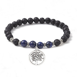 Lapis Lazuli Natural Lava Rock & Natural Lapis Lazuli Gemstone Round Beaded Stretch Bracelet, with Alloy Tree of Life Charms, Inner Diameter: 2-1/2 inch(6.5cm)