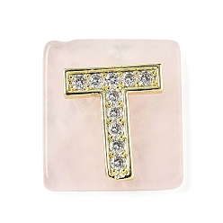 Letter T Природного розового кварца подвески, прямоугольные подвески с латунной микропаве прозрачной кубической циркониевой буквой, реальный 18 k позолоченный, долговечный, стойки покрытие, Письмо T, 21x18x5 мм, отверстие : 1.4 мм
