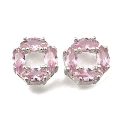 Pink Латунные микро проложить кубического циркония бусы, цветок, серебряные, розовые, 10x5.5 мм, отверстие : 1.8 мм