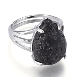 Lava Rock Adjustable Natural Lava Rock Finger Rings, with Platinum Plated Brass Findings, Teardrop, Size 8, Inner Diameter: 18mm