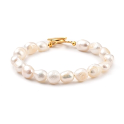Seashell Color Natural Baroque Pearl Keshi Pearl Beaded Bracelets, with Golden Plated 304 Stainless Steel Toggle Clasps, Seashell Color, 7-1/2 inch~7-5/8 inch(19~19.5cm)