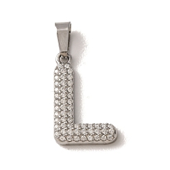 Letter L 304 Stainless Steel Micro Pave Clear Cubic Zirconia Pendants, Letter Charms, Stainless Steel Color, Letter L, 18x12.5x2.5mm, Hole: 6x2.5mm