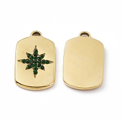 Fern Green Vacuum Plating 201 Stainless Steel Pendants, with Rhinestone, Real 18K Gold Plated, Oval Rectangle with Star Charms, Fern Green, 20.5x12.5x2mm, Hole: 1.4mm