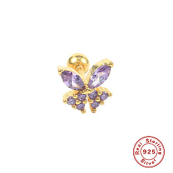 Golden Solo - Purple Diamond Charming Butterfly Screw Stud Earrings in 925 Sterling Silver - Fashionable and Creative Ear Piercing Jewelry
