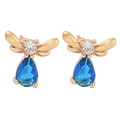 Королевский синий Серьги-гвоздики из латуни с кубическим цирконием, слеза с крылом, долговечный, шампанское золото, королевский синий, 9.5x10 мм