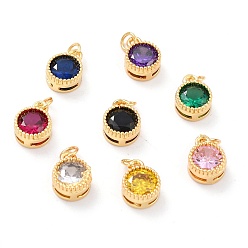 Mixed Color Real 18K Gold Plated Brass Inlaid Cubic Zirconia Charms, with Jump Ring, Long-Lasting Plated, Flat Round, Mixed Color, 9.5x7x4mm, Jump Ring: 4x0.5mm, 2.5mm Inner Diameter