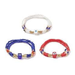 Mixed Color 3Pcs 3 Color Evil Eye Lampwork & Glass Seed & Brass Beaded Triple Layer Multi-strand Bracelets Set for Women, Mixed Color, Inner Diameter: 2-1/8 inch(5.3cm), 1Pc/color