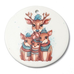 Deer Christmas Handmade Printed Porcelain Big Pendants, Flat Round Charm, Deer, 76x3.5mm, Hole: 5mm