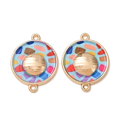 Azul Claro Dijes de conector de esmalte de aleación impresos, enlaces redondos planos de mosaico, chapado en rack, dorado, azul claro, 23x18x3 mm, agujero: 1.4 mm