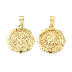 Real 18K Gold Plated Brass Pendants, Flat Round with Lion Head Charms, Real 18K Gold Plated, 20x18x2.5mm, Hole: 4.5x3.5mm